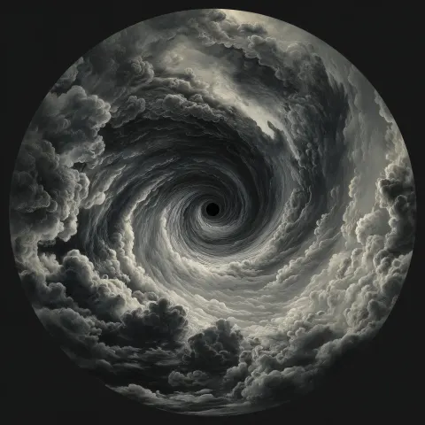 A circular vinyl record with the theme of cloud and tornado