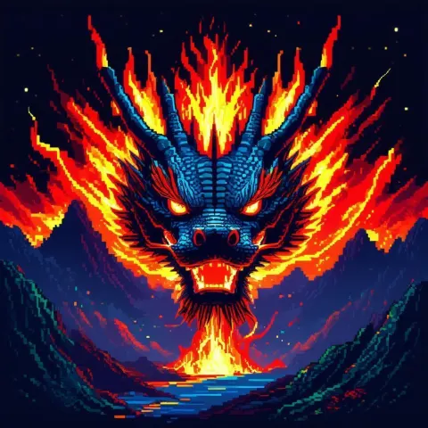 Pixel Fire Dragon Face Over Volcanic Night