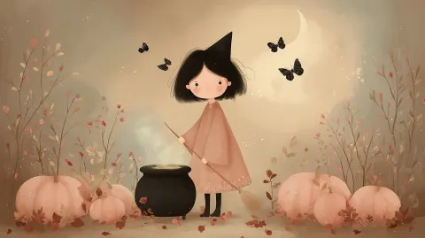 Witch gathering ingredients in a moonlit pumpkin patch, cauldron bubbling with green smoke