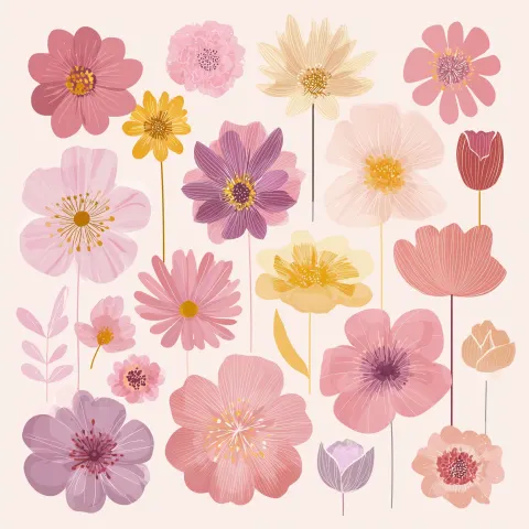 Assortment of stylized flat flowers, inspired by modern storefront window design
