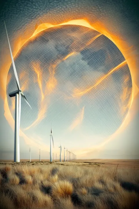 Cinematic. Vertical eco poster collage, surreal yet realistic renewable energy landscape