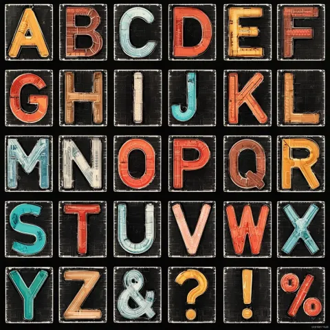 Complete alphabet sheet: "ABCDEF", "GHIJKL", "MNOPQR", "STUVWX", "YZ&?!%"