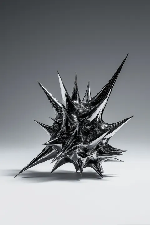 Distorted spiked metal object, irregular chaotic spikes, melted and bent sharp forms