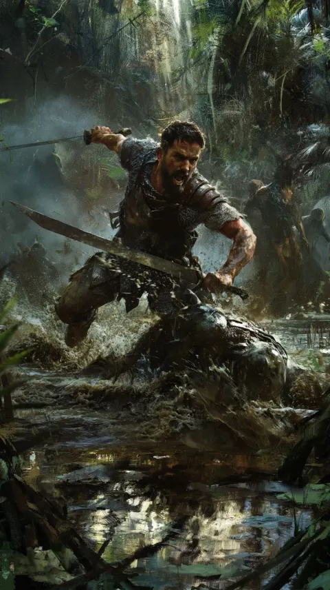 A dense, damp, and shadowy swamp filled with tangled vegetation and murky water creates an oppressiv