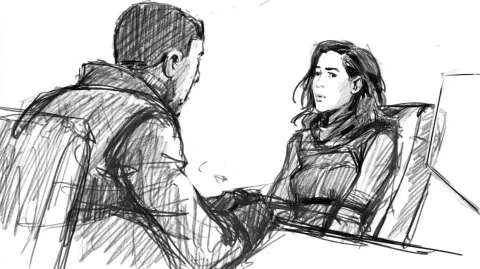Storyboard sketch, medium close shot, interrogator facing the restrained woman, tense posture