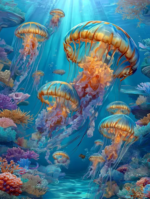 A mesmerizing underwater scene with vibrant coral reefs and an array of beautiful jellyfish graceful