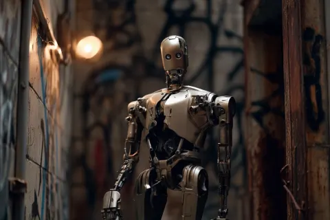 A robot, its metallic body damaged and scarred, standing desolate in an abandoned urban alleyway. Th