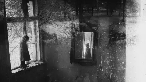 Childhood in liminal space. ruin, mirror, trees and snow. double exposure. grainy black and white ph