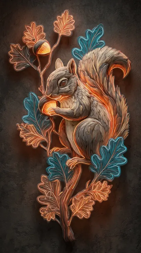 3d render, A retro neon sign drawing of a squirrel outline clutching an acorn; glowing orange glass