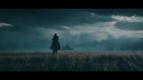 Movie. dark gothic atmosphere, wide empty field with grass, wild west