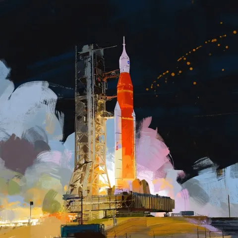 Robot chicken art-style for artemis 2 launch launching from launchpad