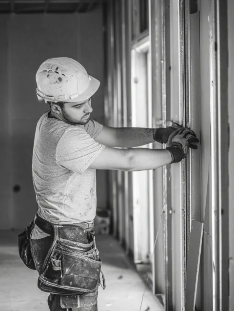 Trockenbaumonteur, gipskarton, trockenbau, platten, wand, handwerker, bauarbeiter, mann