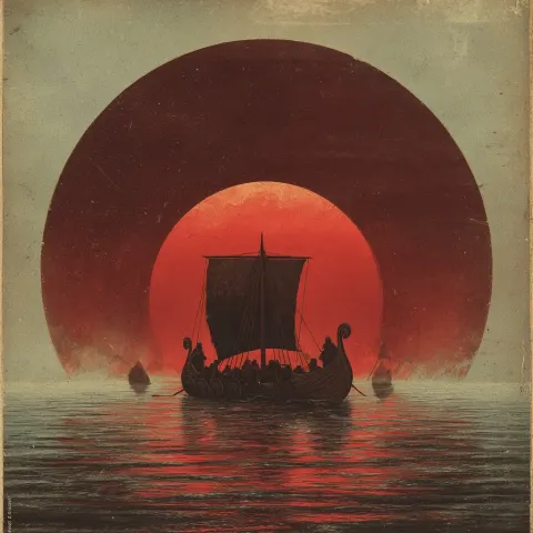 1970s style album cover with a Viking longship in the center. Ominous vibes