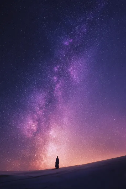 Holy man silhouette, vast empty desert, purple gold white galaxy sky, extreme minimalism
