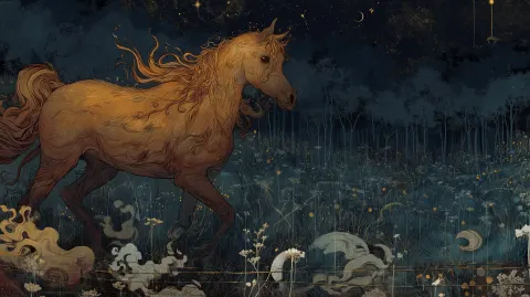 A chestnut seqlawi Arabian horse in a magical night time field