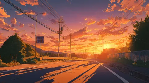 A cinematic anime-style shot of an empty Japanese countryside road during sunset