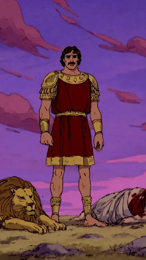 A clean cartoon scene showing Benaiah standing in the foreground. Behind him on one side lies the de