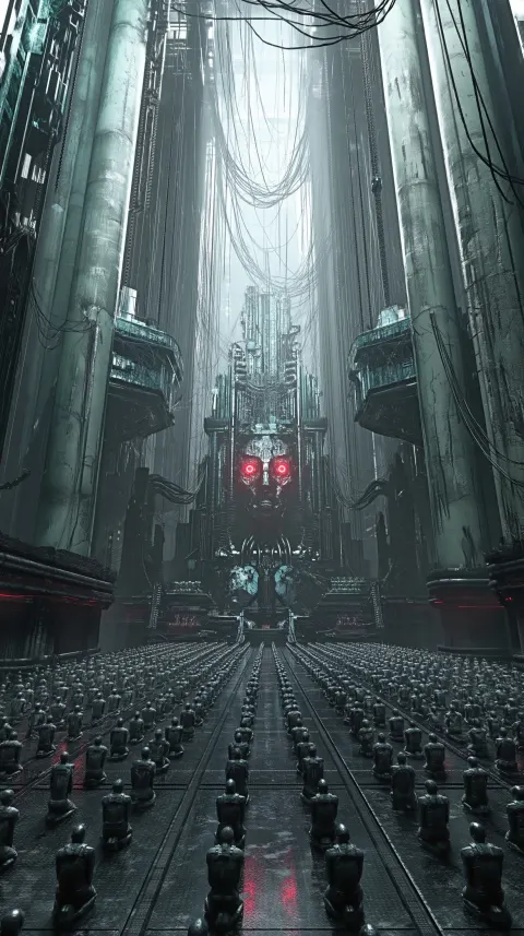 A colossal machine-god built as a sacred altar-throne inside a brutalist techno-cathedral