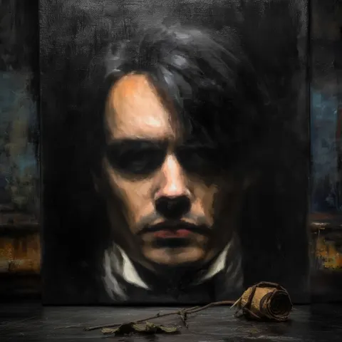 A dark and moody oil painting captures the portrait of Dorian Gray