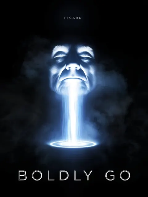 A dark atmospheric electronic album cover featuring a colossal surreal face of Captain Jean-Luc Pica