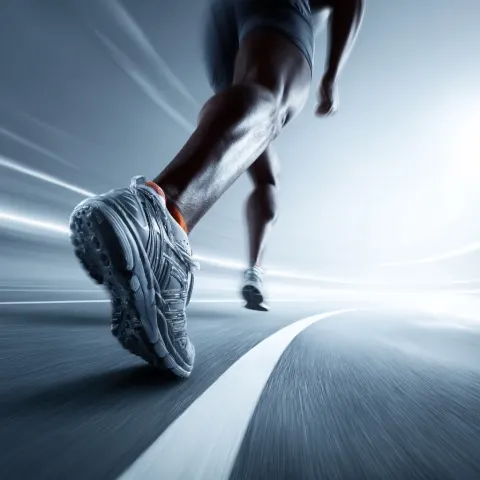 A dynamic low-angle shot of a powerful runner captured mid-stride