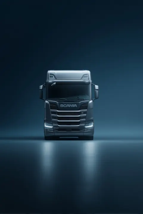 A front-facing gray Scania-style truck photographed in a studio setting
