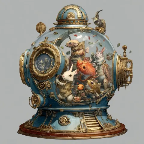 A pelagic steampunk diving bell with anthropomorphic animals inside