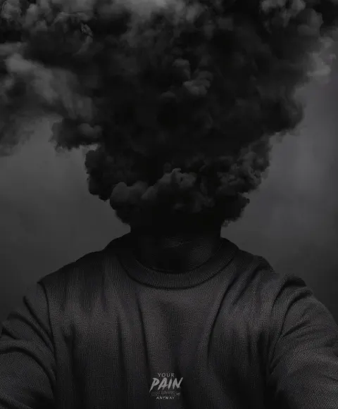 A human figure absorbing dark smoke and pain from others while becoming completely blackened and hea