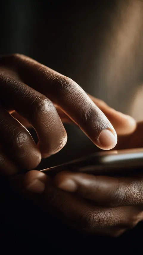 A hyper-realistic extreme close-up of human hands holding and gently tapping on a modern smartphone