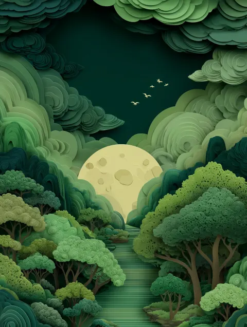 A large centered full moon dominating the sky above a flowing river landscape