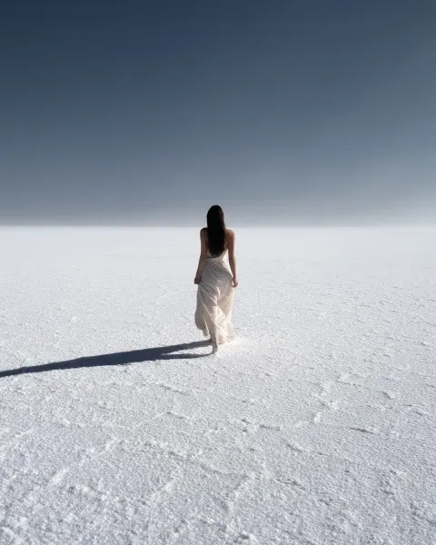 A low-angle rear view of the woman walking slowly across blinding white salt flats under a harsh noo