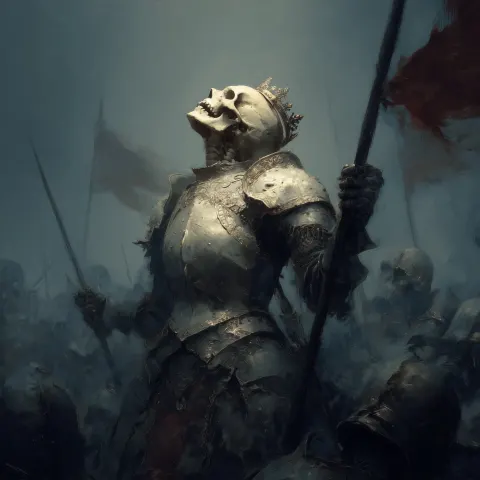 A skeletal warrior in armor looking triumphant amongst the chaos of battle. dark gloomy coloring wit