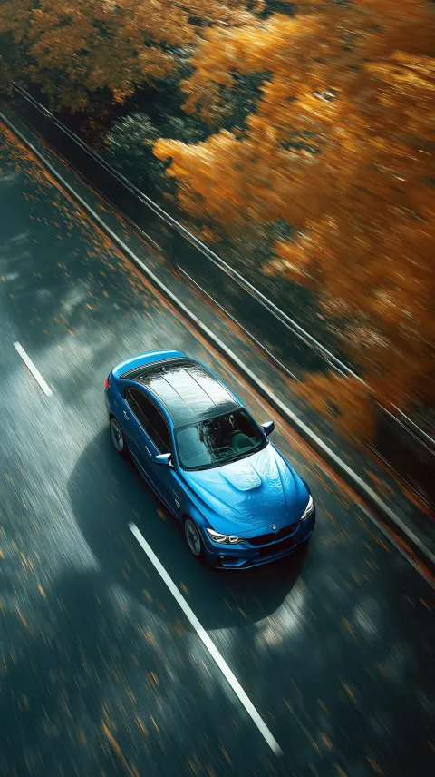 A TOP-DOWN VIEW OF A BLUE BMW SPEEDING DOWN THE HIGHWAY IN THE FALL. DAYLIGHT WITH GOOD CONTRA