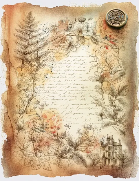 A vintage botanical collage on distressed tea-dyed parchment