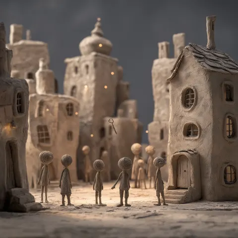A wide shot of a surreal small village made entirely of clay. All buildings and ground have visible