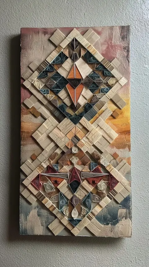 Abstract and intricate paper quilling art and mosaic tiles on top of a soft abstract painting