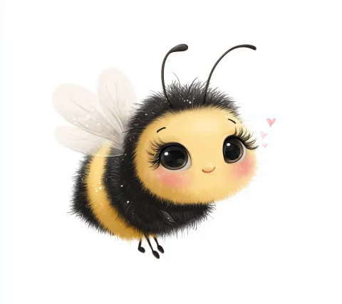 Adorable illustration of a bee with long lashes and blush on cheeks, cute ponytail flying