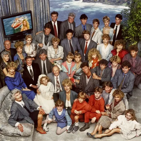 An enormous high-society family gathering in a futuristic 1990s Berlin living room just after reunif