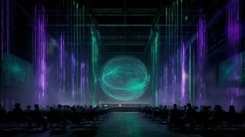 An ultra-panoramic cinematic shot of a cutting-edge technology conference in a modern industrial ven