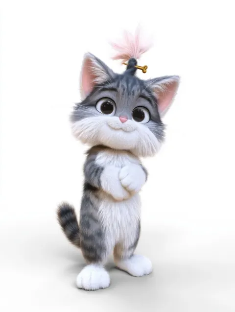 3D Silver Tabby Cat with a Pink Topknot