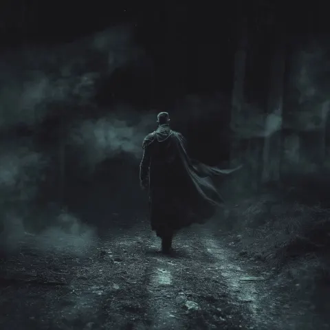 Back view of a male figure walking away from camera on a worn forest path to a cliff