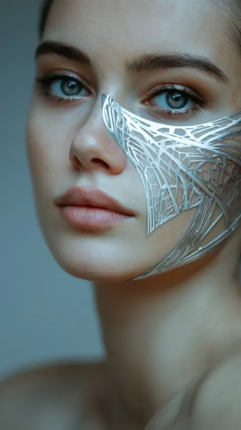 Beautiful woman with delicate cybernetic detail on one cheek
