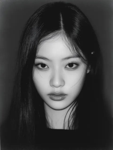 Black and white close-up ID photo portrait of a young Korean woman with large expressive eyes