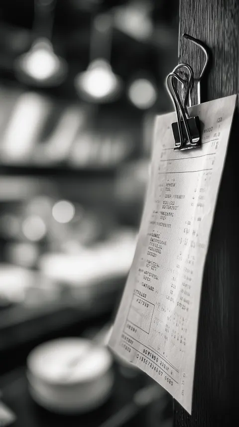 Black and white close-up of a restaurant order ticket freshly printed and hanging on a metal clip li