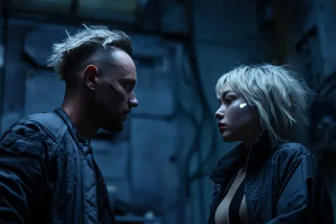 Cinematic scene of two rebellious scifi courier having a heated conversation