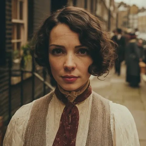 Close-up portrait of a person looking like cleo abrams in the 1920 in front of a house in the street