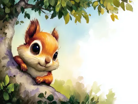 Cute orange squirrel with brown eyes in a leafy tree on a hot summer day, blue sky, glowing sun
