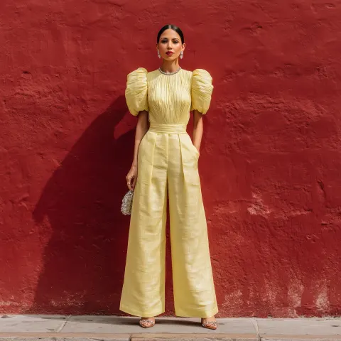 A stylish Caucasian socialite is standing in front of a red textured wall of new york city. She radi