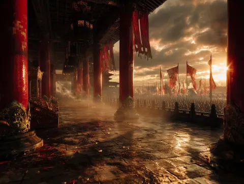 Ancient Chinese imperial palace hall on a city wall, empty throne, no people, dragon throne