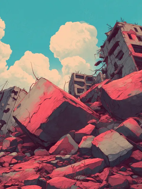 A flat illustration, post apocalyptic closeup chunks of rubble